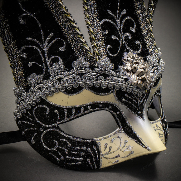 Jester Joker Venetian Half Face Mask with Bells - Silver Black - Picture 2 of 3